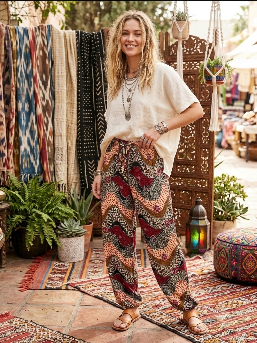 Boho Wave Print Elastic-Waist Pants